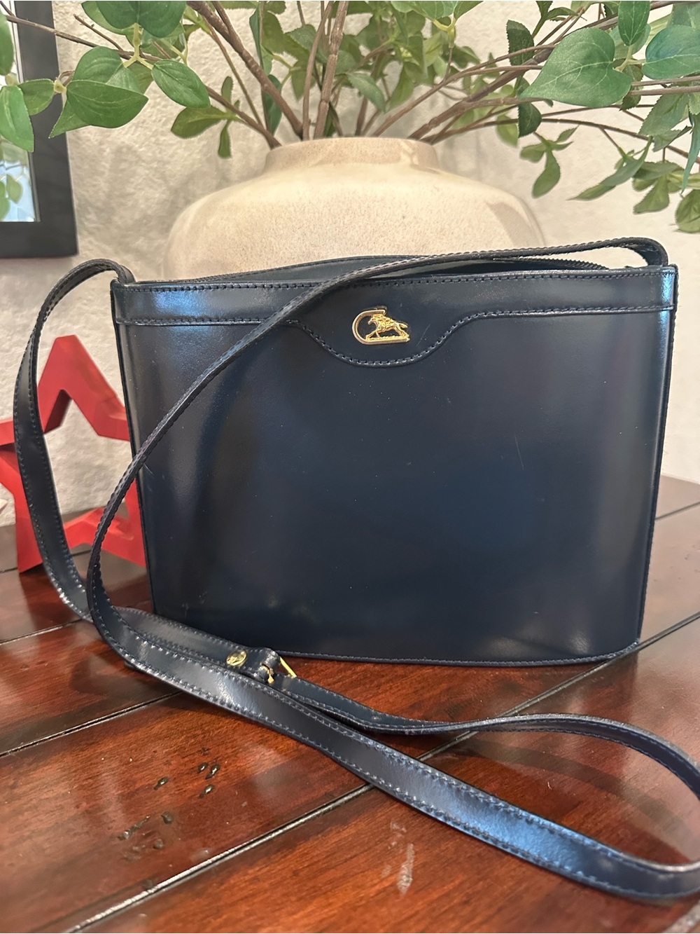 Cristian Navy Leather Shoulder Bag with Gold Logo